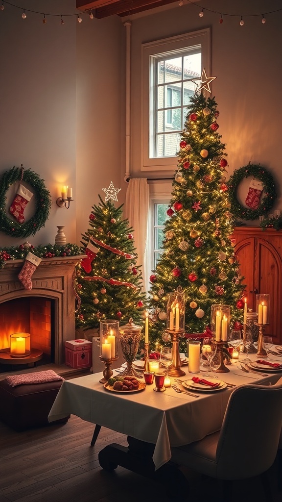 A cozy Christmas living room with a decorated tree, fireplace, and festive table setting.